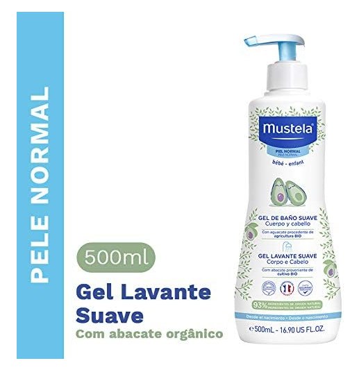 Gel Lavante Suave com Abacate Orgânico, Sabonete Líquido Corpo e Cabelo para bebês, Mustela Bebê 500ml
