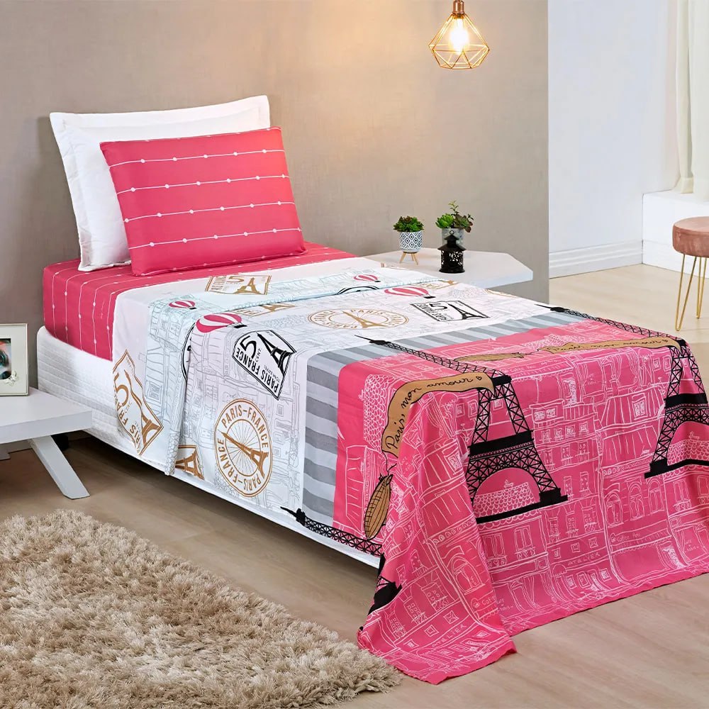 Jogo De Cama Paris Lençol Solteiro 03 Peças Estampado Pink