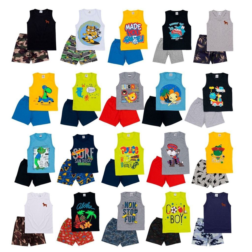Kit 10 peças de roupas sendo 5 regatas e 5 bermudas regata estampada ou lisa conjunto infantil menino bermuda tamanho 1 2 3 4 6 8