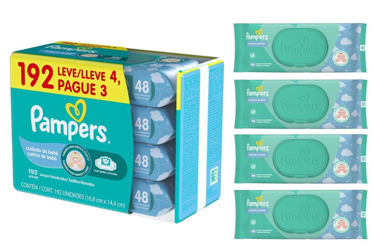 Kit Lenços Umedecidos Pampers Cheirinho de Bebê 4 Pacotes com 48 unidades cada