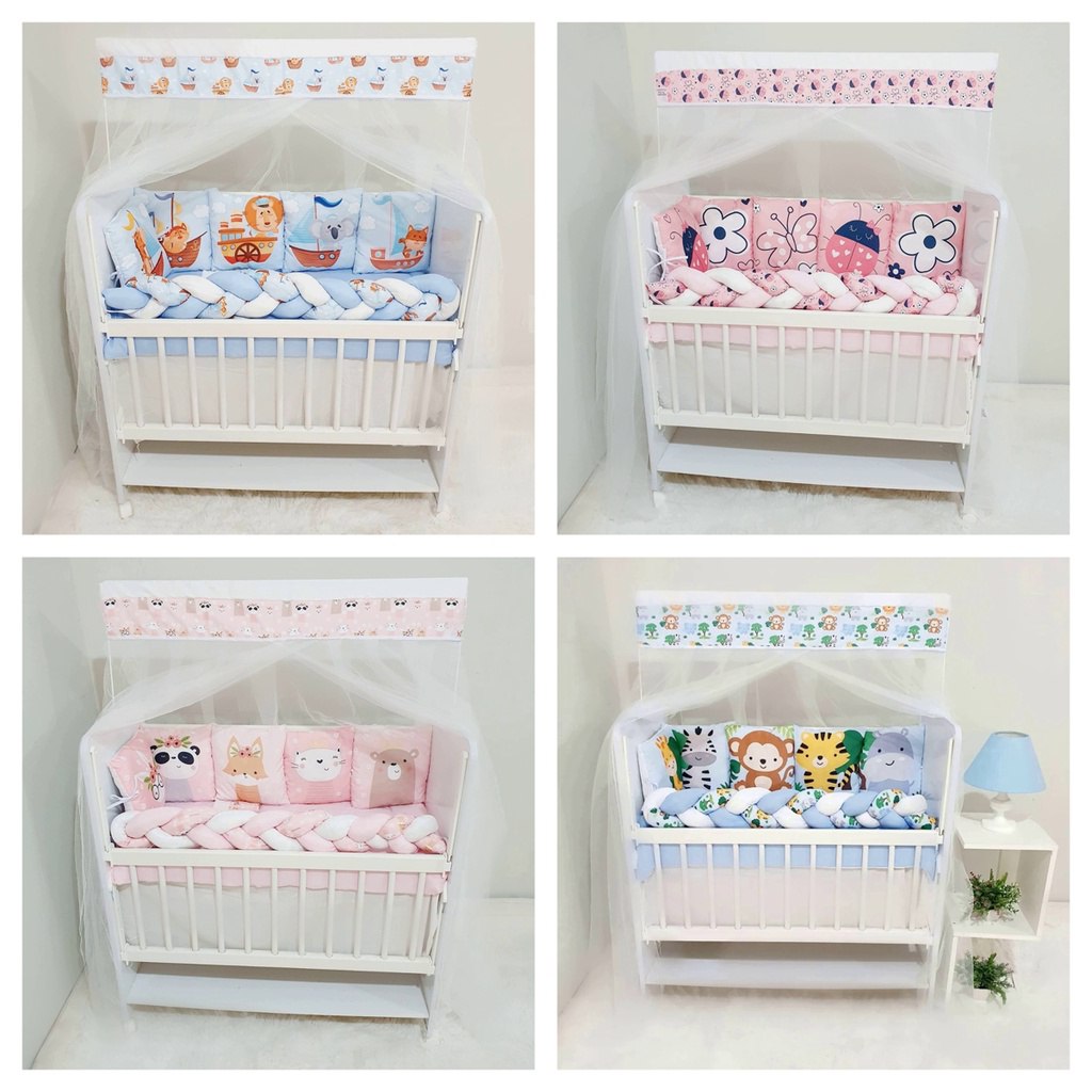 KIT PARA MINI BERÇO 12 PEÇAS COM TRANÇA E ALMOFADINHAS + SAIA/VÁRIAS ESTAMPAS/ MENINOS E MENINAS