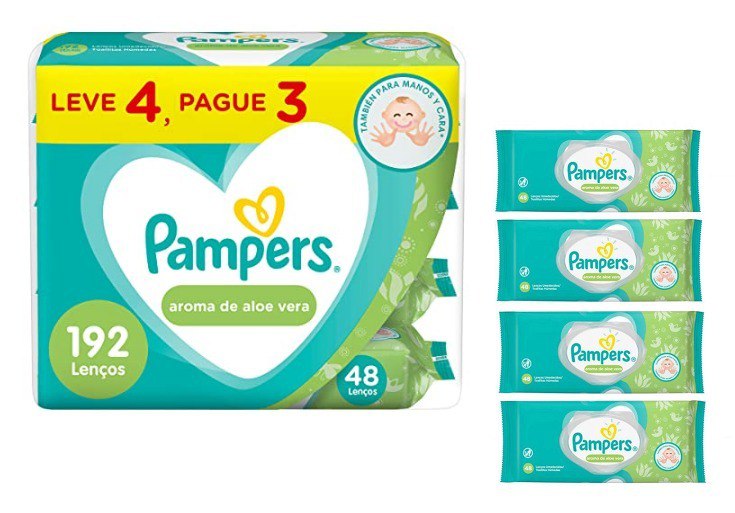 Lenço Umedecido Pampers Aloe Vera Kit 4 pacotes com 48 unidades cada