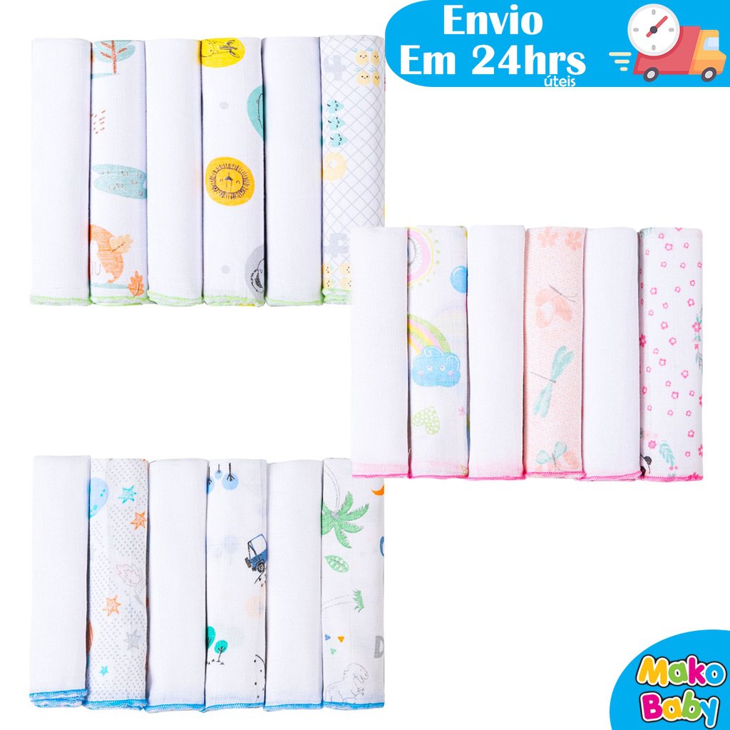 Pano de boca KIT 6 unidades Babete Fralda de boca 100% algodão 30cm x 30cm - Mega Promoção