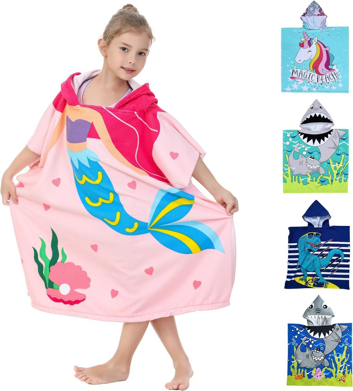 Athaelay Saídas de banho de microfibra macia para crianças de 3 a 10 anos de idade, com capuz, toalhas poncho de praia (sereia rosa grande, serve para 3 a 10 anos)