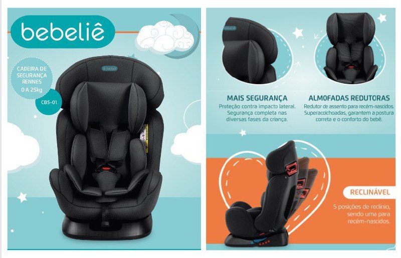 Cadeirinha para Auto Bebeliê Reclinável 9 Posições - 0 a 25kg