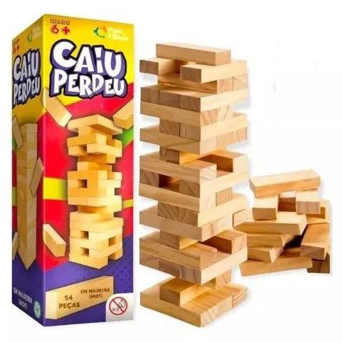 Jogo Caiu Perdeu Pais & Filhos de Madeira Jogo da Torre de Madeira 54 Peças Desenvolve Coordenação Motora