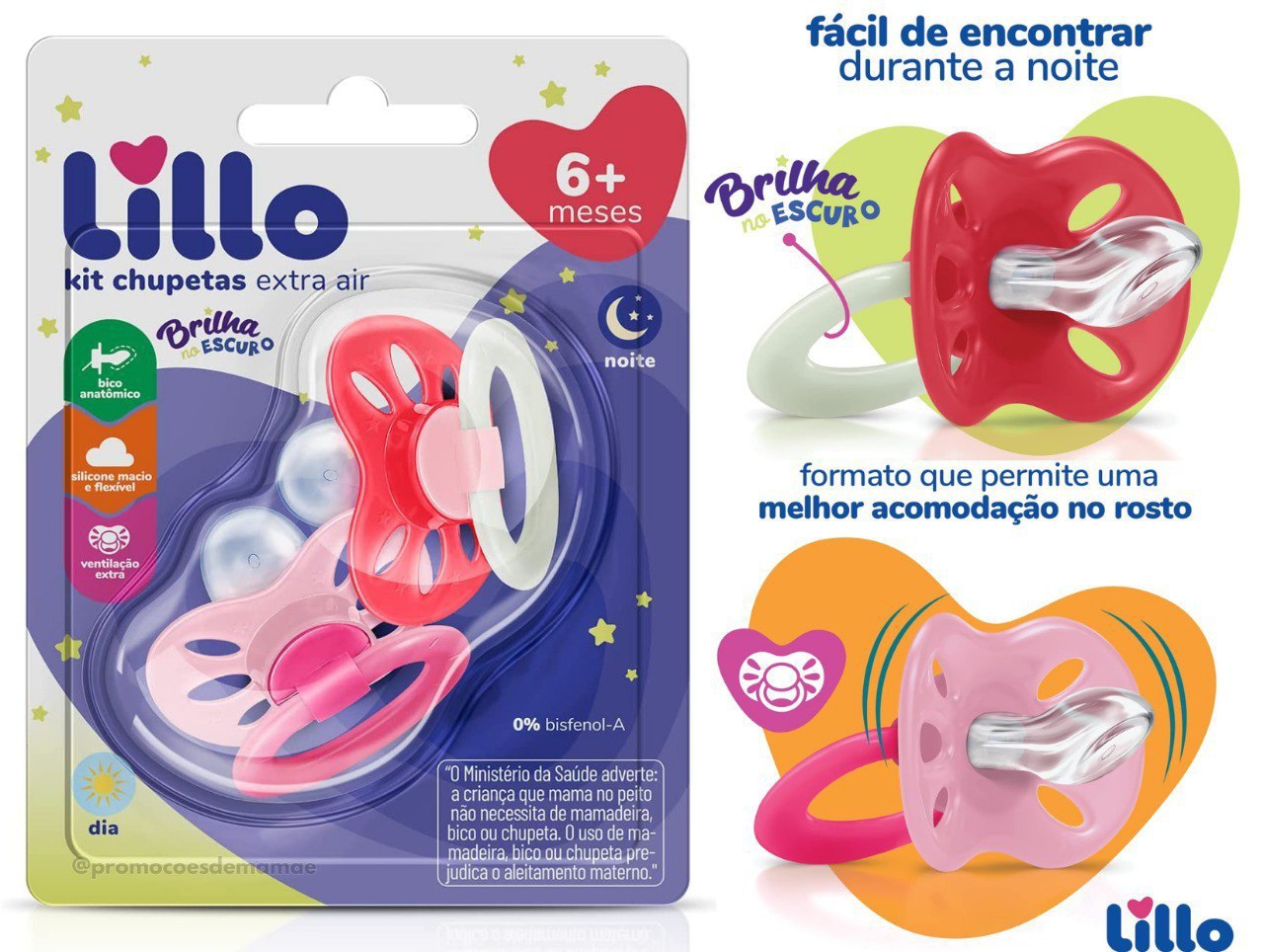 Kit de Chupeta Anatômica Extra Air Dia e Noite 6+ Meses Lillo - Azul