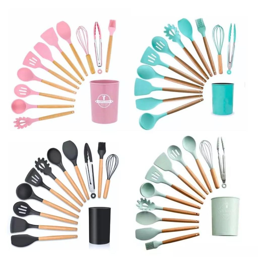KIT de Utensílios Para Cozinha em Silicone e Bambu 12 Peças LOJA POPULAR