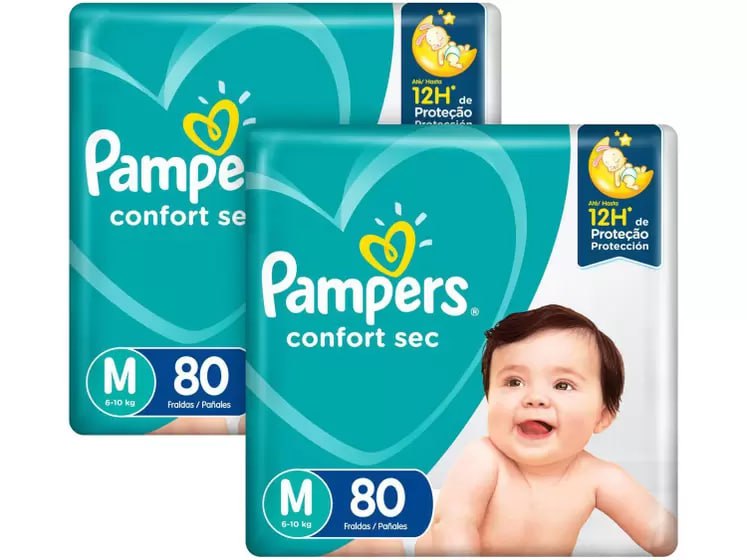 Kit Fraldas Pampers Confort Sec Tam. M 6 a 10kg - 2 Pacotes com 80 Unidades Cada