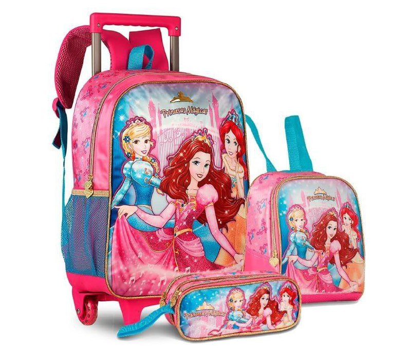 Kit Mochila Rodinha Estojo Lancheira Princesas Mágicas