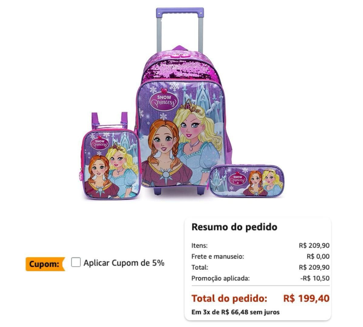 Kit Princesas Mochila de Rodinha + Lancheira Térmica + Estojo Duplo Spector Escolar