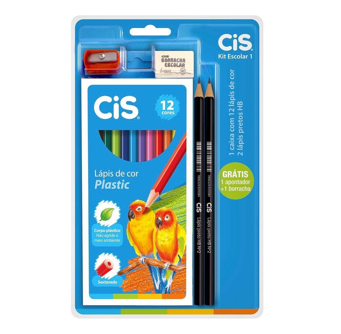Lápis de Cor Sextavado + 2 Lápis Grafite Nº 2HB + Borracha + Apontador, CIS, Kit Escolar 1