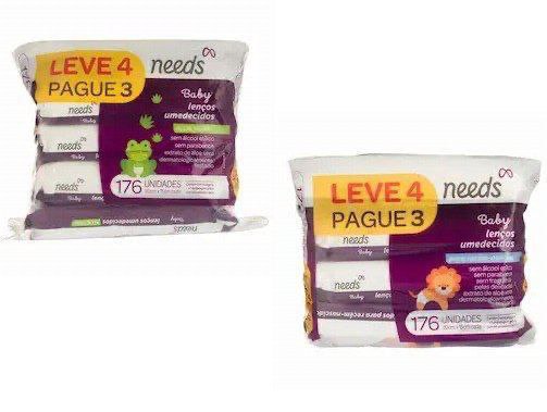 Lenço Umedecido Needs Baby Recém-Nascido e Aloe Vera - 4 pacotes com 44 unidades cada