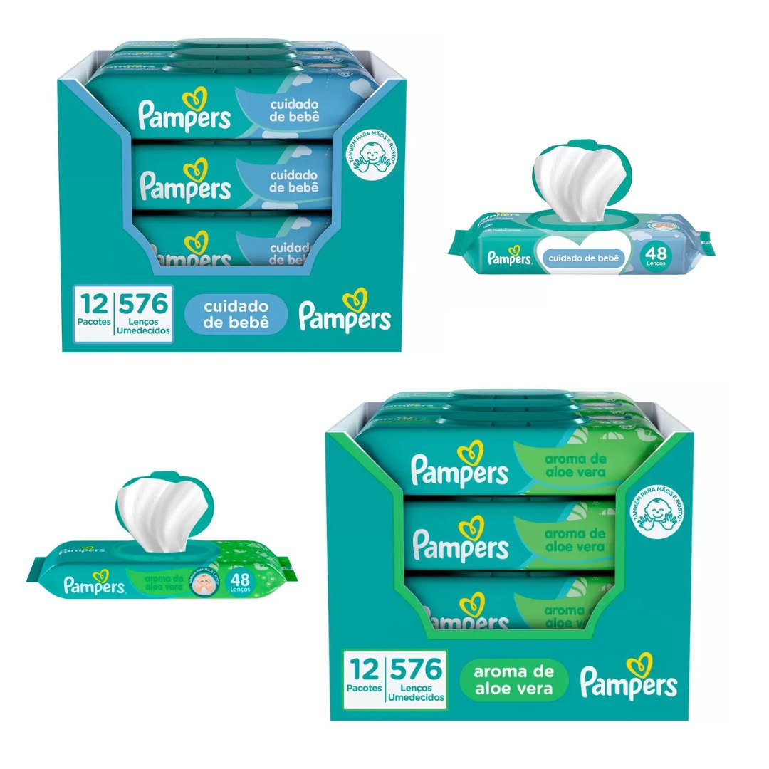 Lenços Umedecidos Pampers Aroma de Aloe Vera ou Cuidado de Bebê