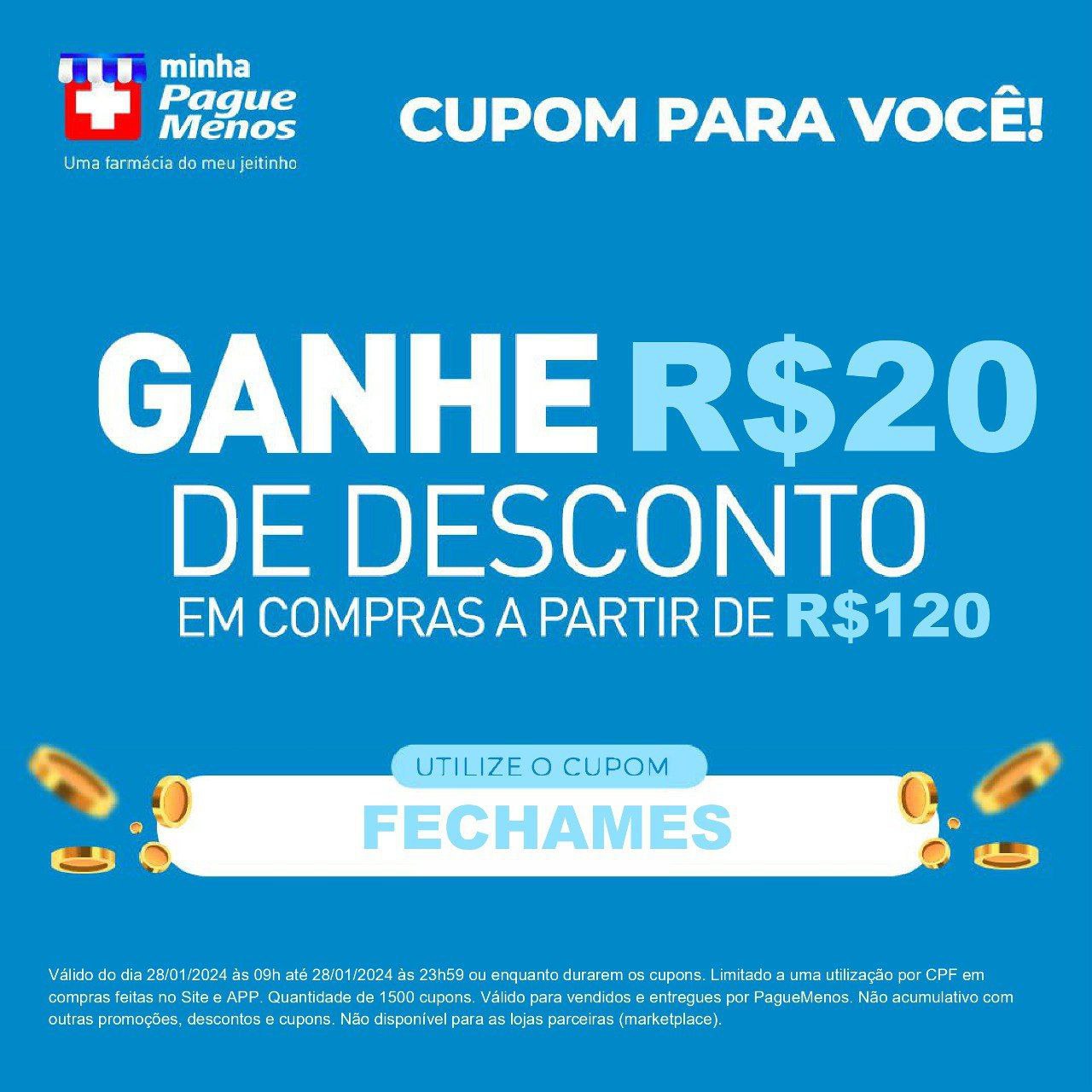 Novo cupom liberado na Pague Menos. Poucos cupons disponíveis!