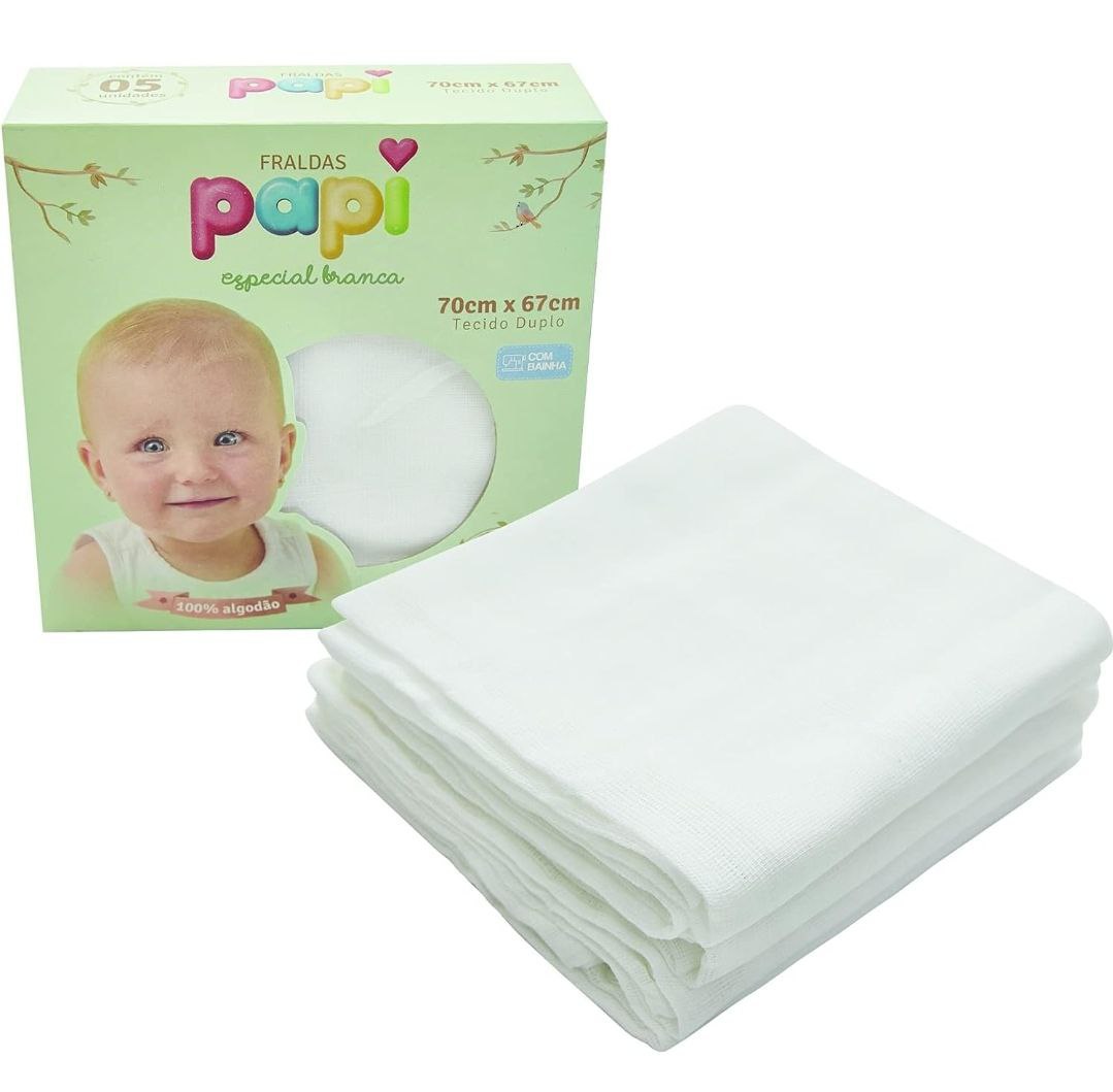 PAPI DESDE 1974 Fralda Papi Especial Com Bainha Branca Para Bebê 70Cm X 67Cm Contém 05 Un