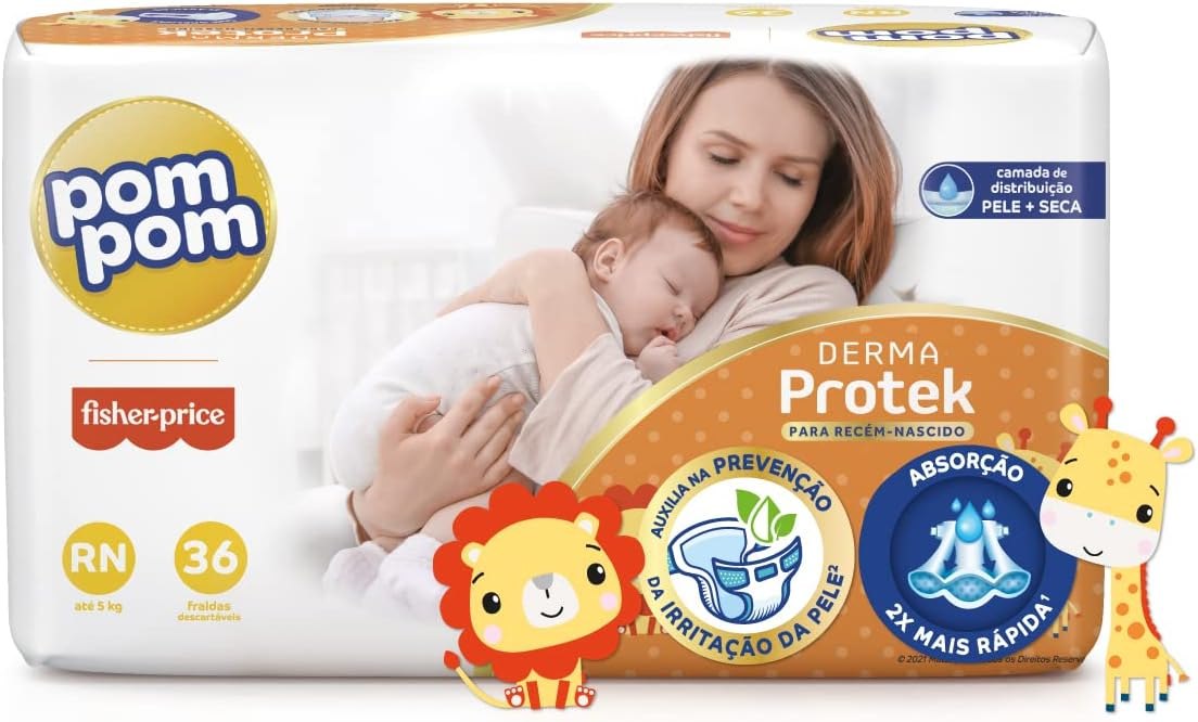 Pom Pom Fralda Derma Protek Jumbo Rn 36 Unidades