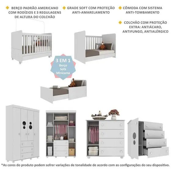 Quarto Completo Infantil com Colchão Incluso Pimpolho Multimóveis Branco
