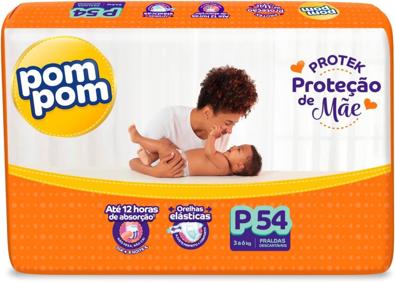 Fralda Pom Pom Protek Proteção de Mãe Mega P 54 Unidades