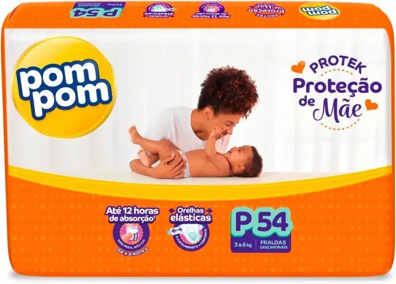 Fralda Pom Pom Protek Proteção de Mãe Mega P com 54 Unidades