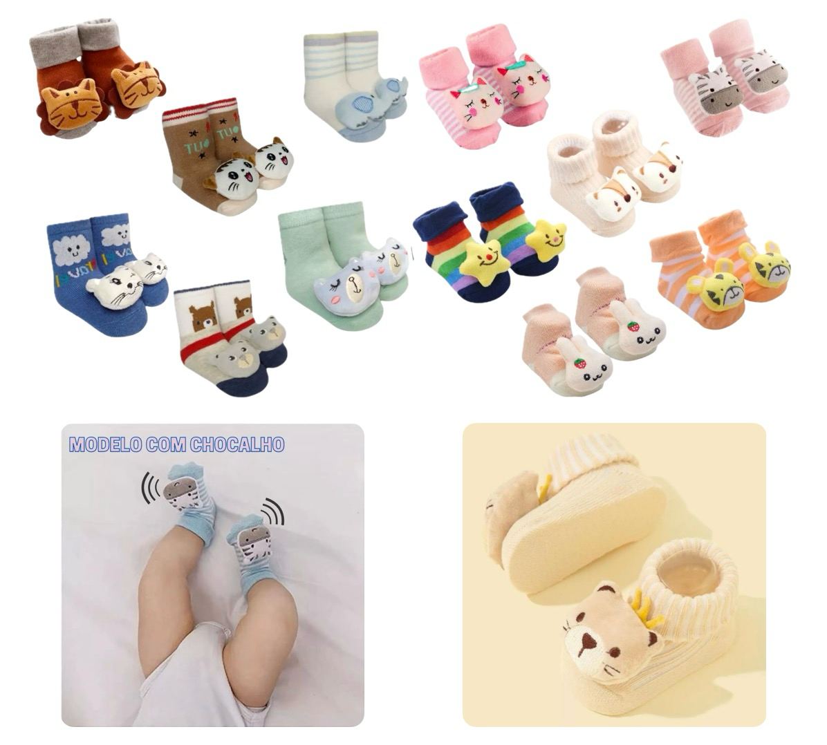 Kit 6 Pares Meia 3D Chocalho (0 a 24 meses)