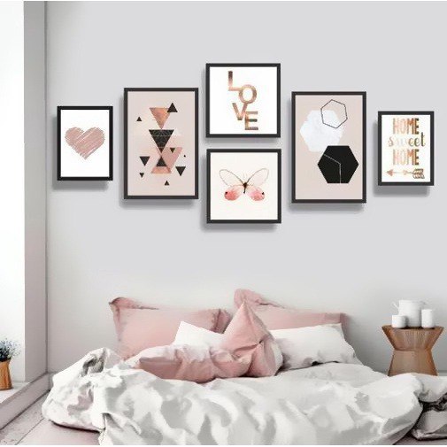Kit 7 Placas Quadros Decorativos para sua Casa Sala Quarto abstrato Geometrico Coração Rosa folhas rose 60x70