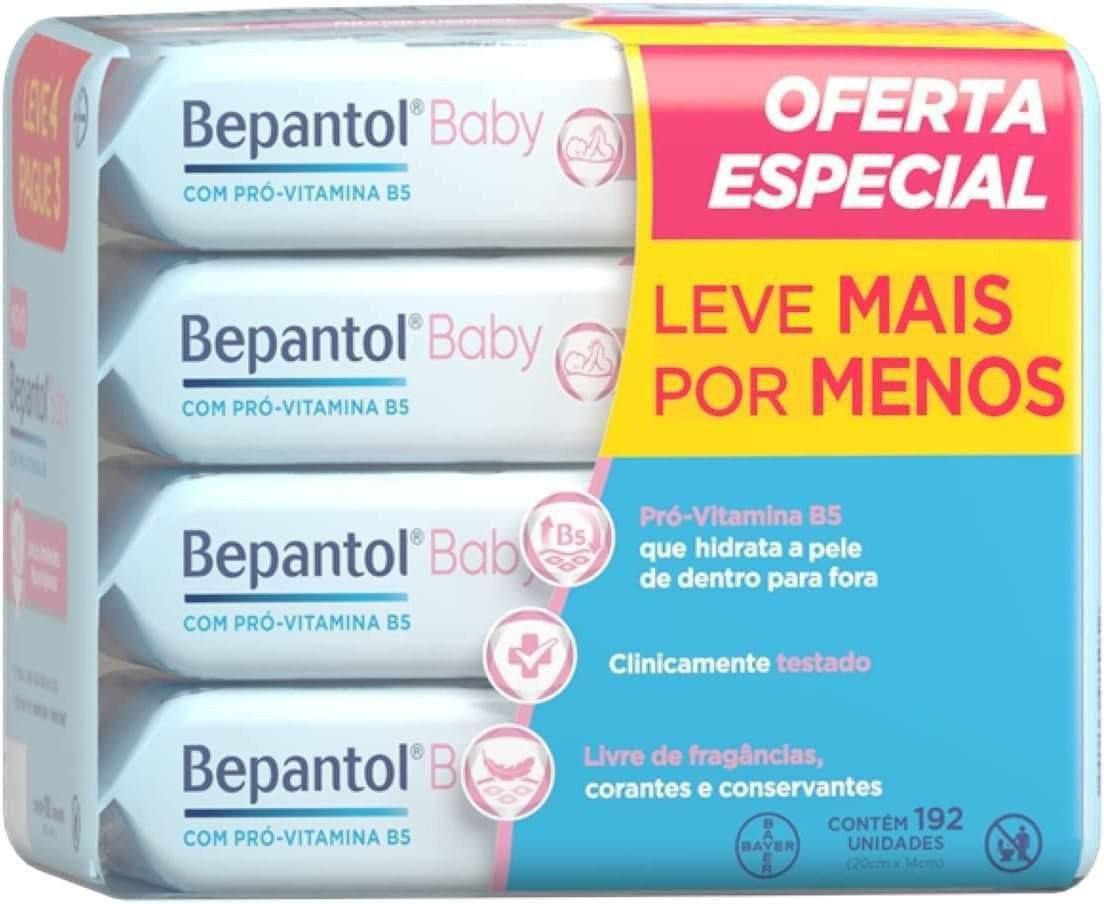 Kit Lenço Umedecido Bepantol Baby 192 unidades - 4 pacotes com 48 unidades cada