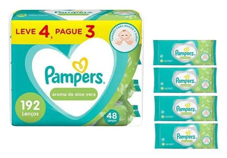 Kit Lenço Umedecido Pampers Aroma de Aloe Vera - 4 Pacotes com 48 Unidades Cada