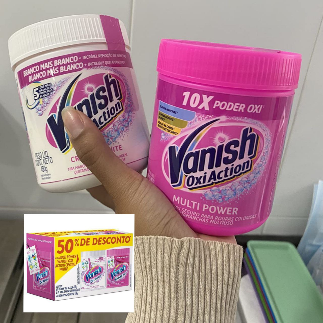 Kit Tira Manchas em Pó Vanish Oxi Action com 1 Rosa 450g e 1 Branco 450g