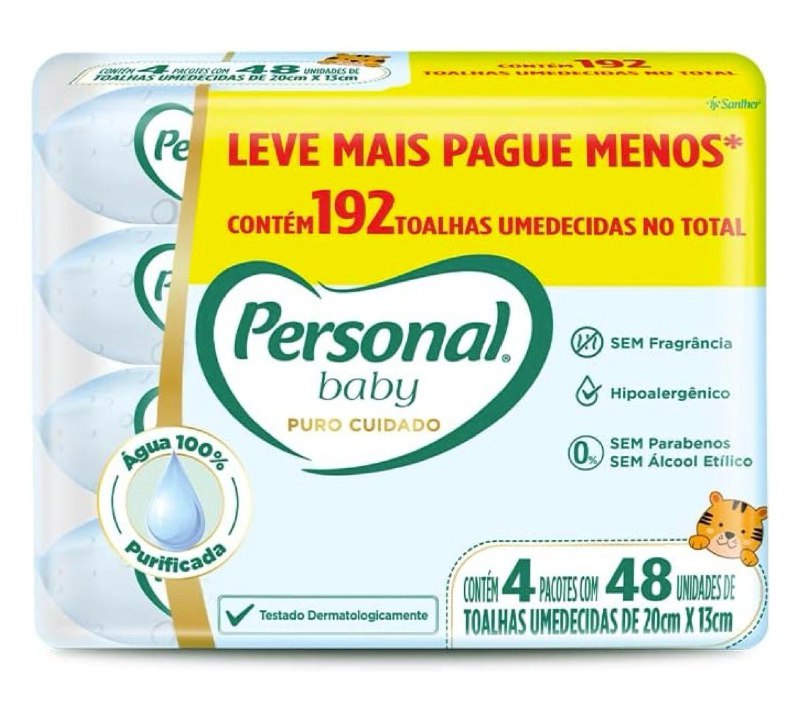 Kit Toalha Umedecida Personal Baby Puro Cuidado 192 unidades (Sem fragrância e parabenos, e hipoalergênico)