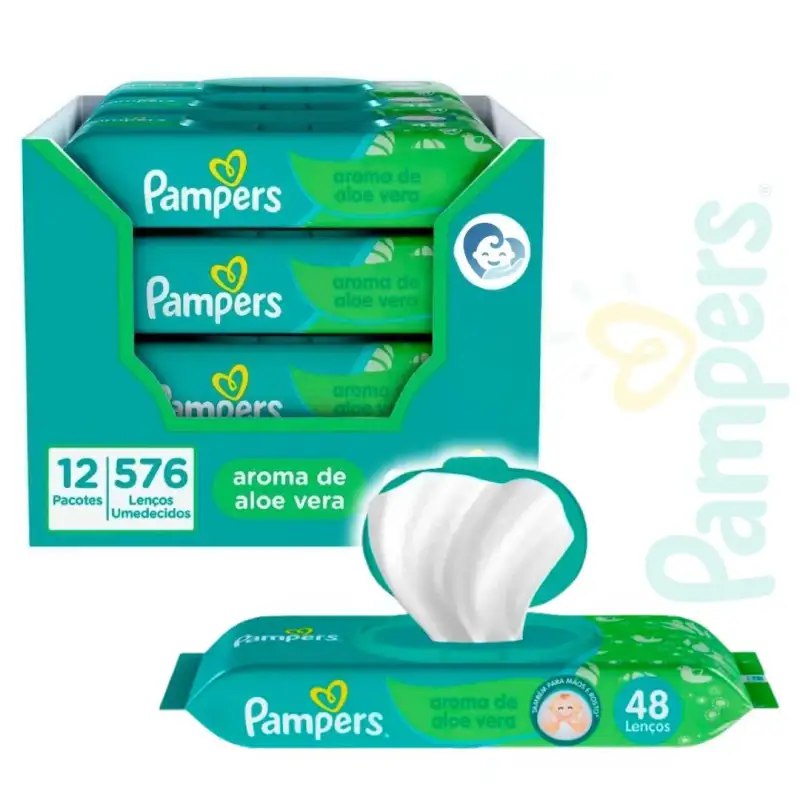 Lenços Umedecidos Pampers Aroma de Aloe Vera - 12 pacotes com 48 lenços cada