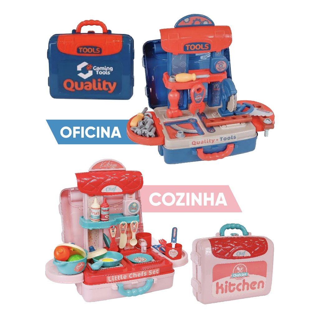 Maleta Infantil 3 em 1 Cozinha e Oficina Portátil Mega Compras