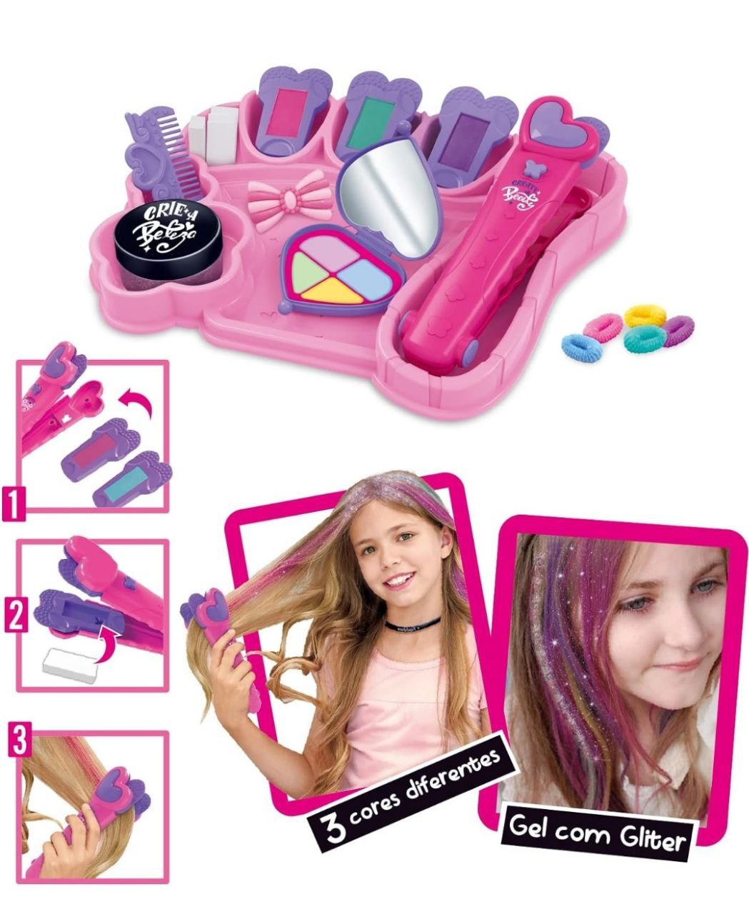 Maquiagem Infantil Kit de Beleza Mechas Coloridas Cabelo Mega Compras