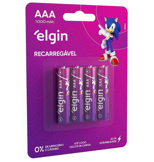 Pilha recarregável AAA 1000mAh Elgin com 4 unidades Palito
