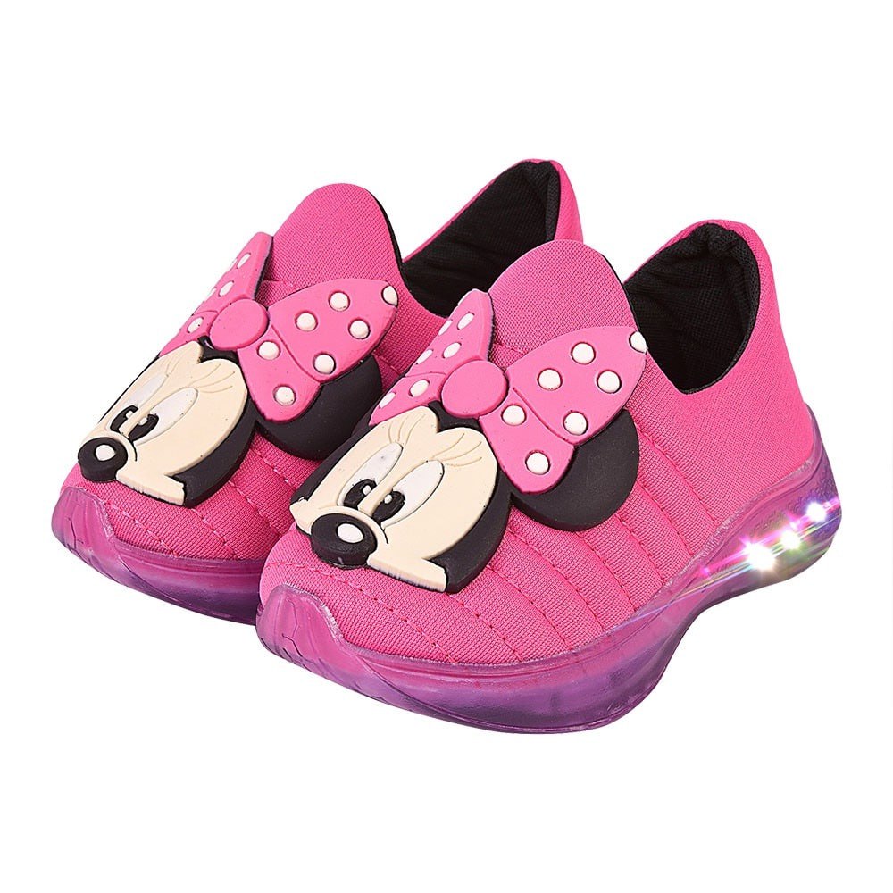 Tênis Led Infantil Luzinha Menina Meia Calce Fácil Leve Flexível Confortável Anatômico PLOC LED03 - PINK MINNIE POA PINK