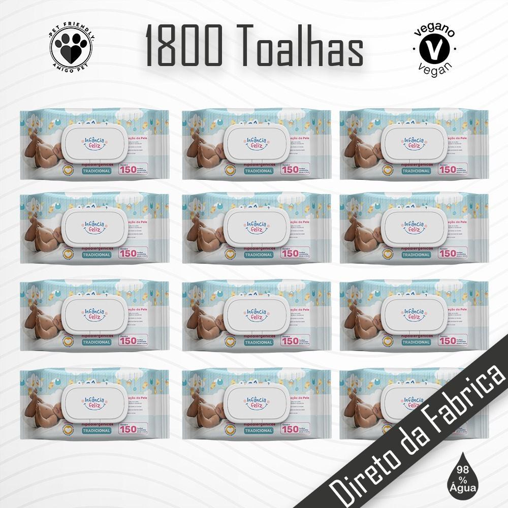 Caixa 12 Pacotes de Toalhas Umedecidas 150 folhas - Infância Feliz - Com Tampa Flip Top