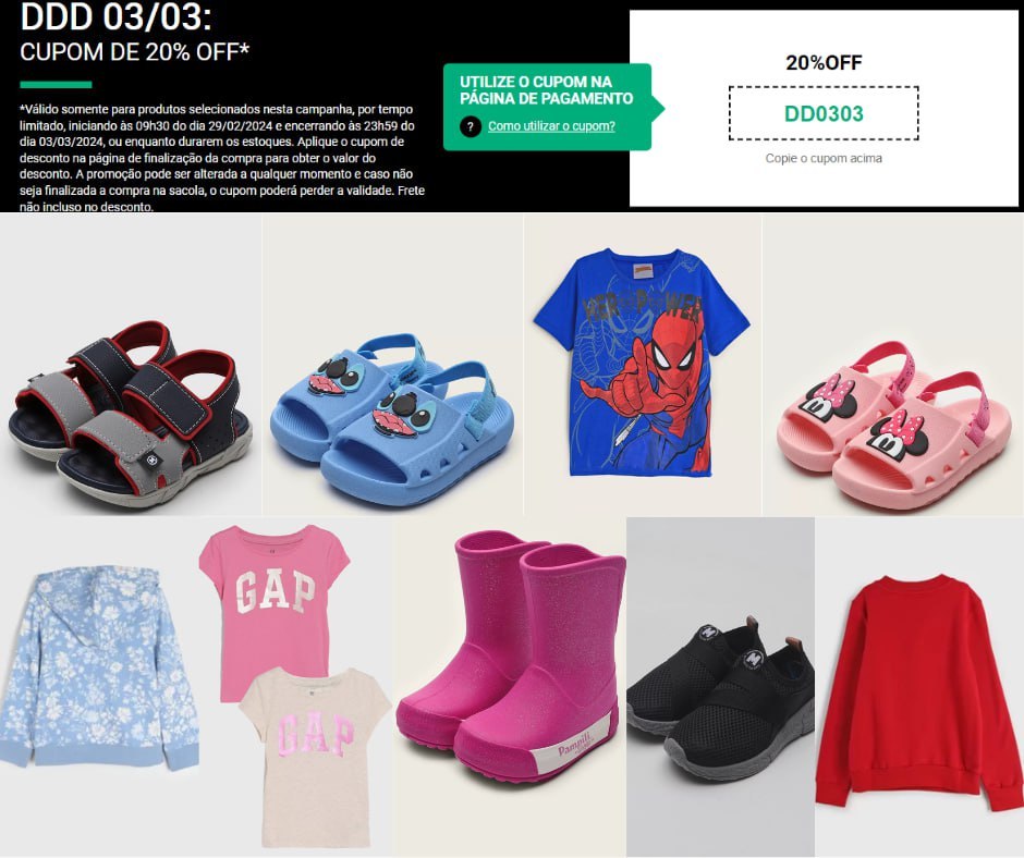 Calçados e Roupas com desconto extra de 20% off