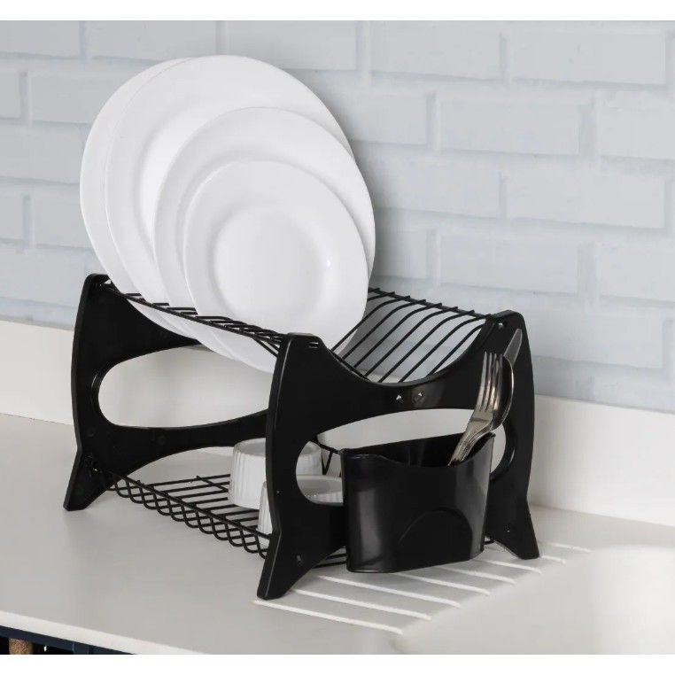Escorredor Preto De Louça Cozinha Prato Duplo Porta Talheres
