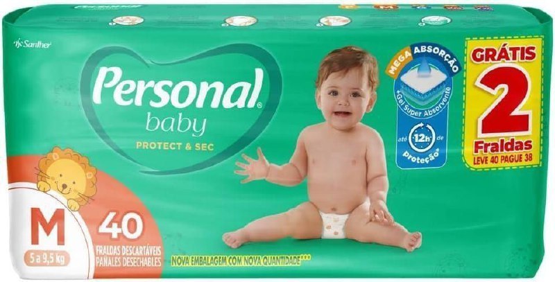 Fralda Infantil Personal Baby Protect e Sec M Mega 1x40pads Leve 40 pague 38 Unidades