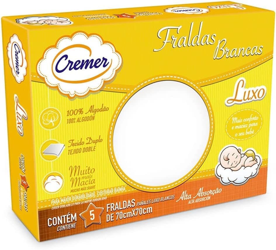 Fralda Luxo Branca 70 x 70 cm PC com 5 Unidades, Cremer