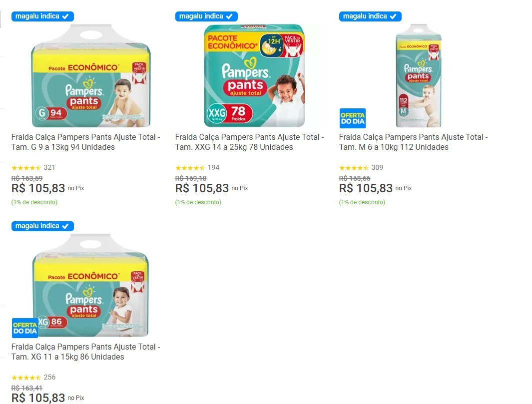 Fralda Pampers Pants Ajuste Total - M, G, XG e XXG