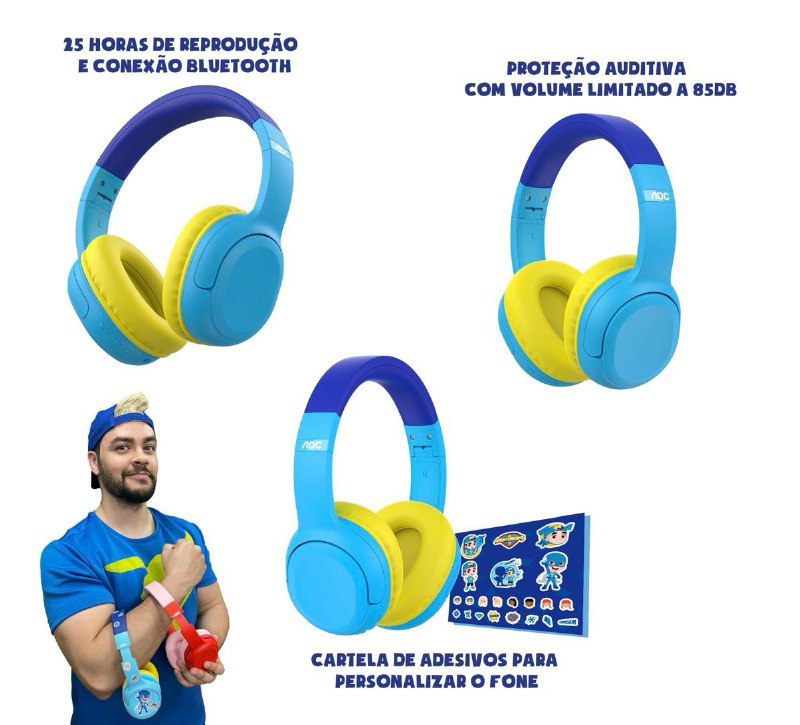 Headphone Bluetooth Luccas Neto Aventureiro Azul LN001BL/00 com adesivos para personalizar seu fone! AOC