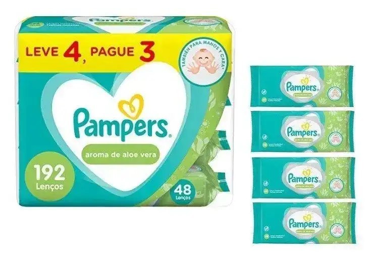 Kit Lenço Umedecido Pampers Aroma de Aloe Vera - 4 Pacotes com 48 Unidades Cada