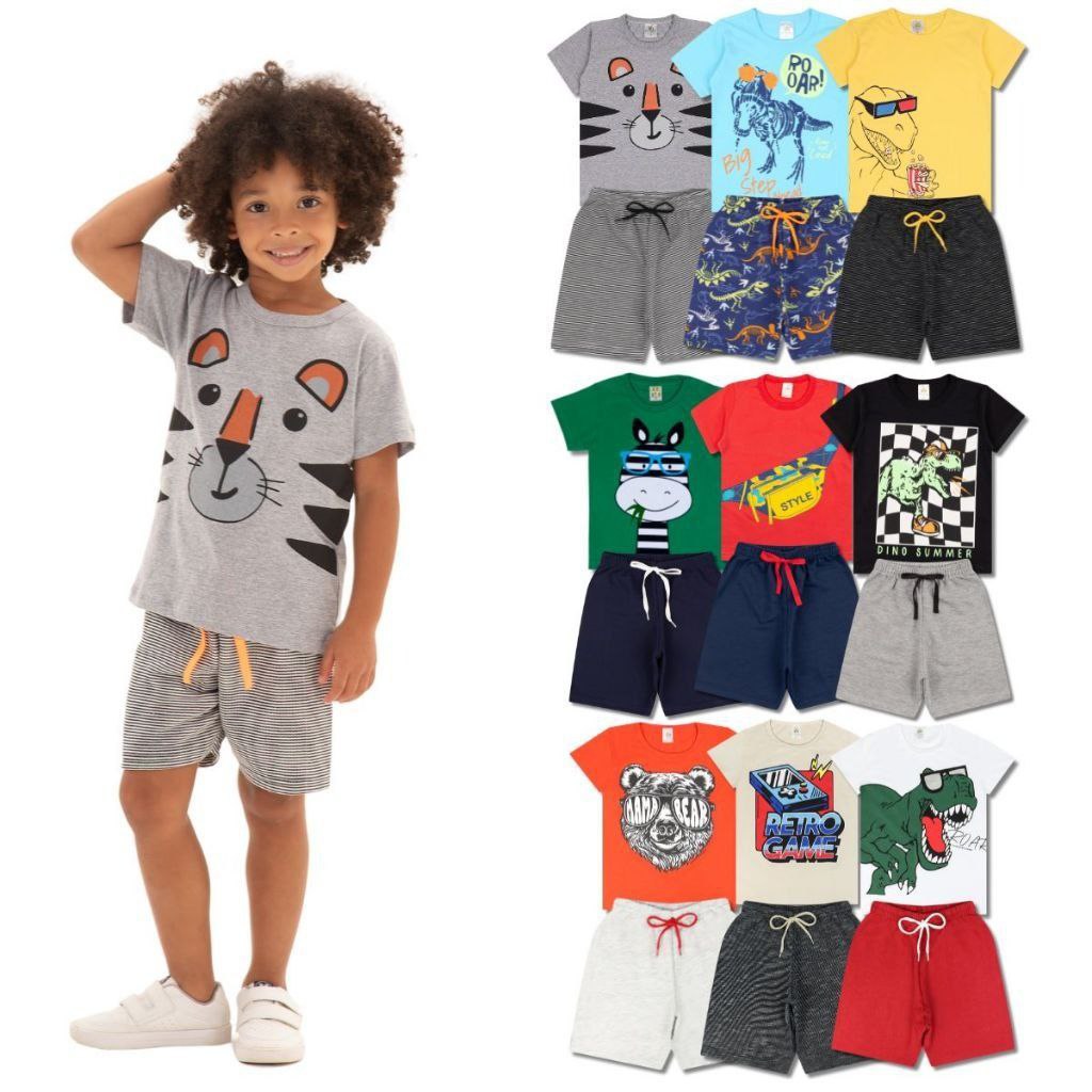 Kit Sortido 6 Peças de Roupas Infantil Menino 3 Camisetas + 3 Bermudas - Promoção - Kit com 3 Conjuntos de Roupa Infantil Menino