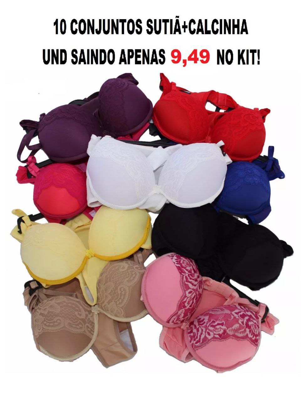 Lingerie Kit C/10 conjuntos com renda no bojo