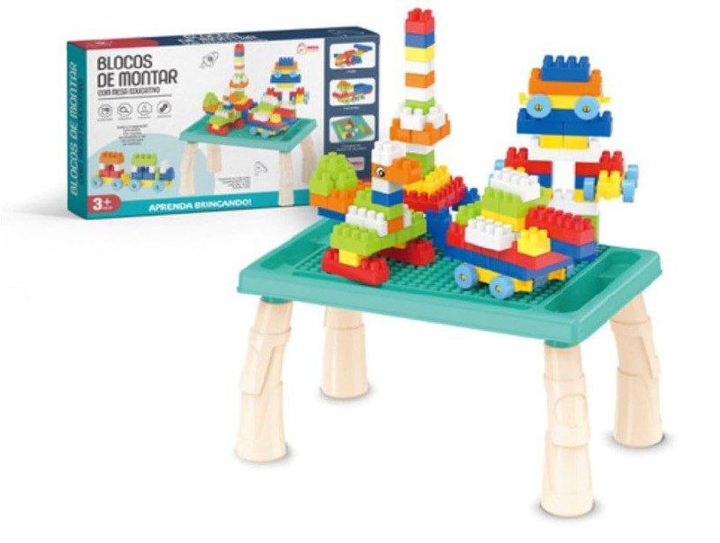 Mesa Infantil Educativa Com Blocos De Montar Azul