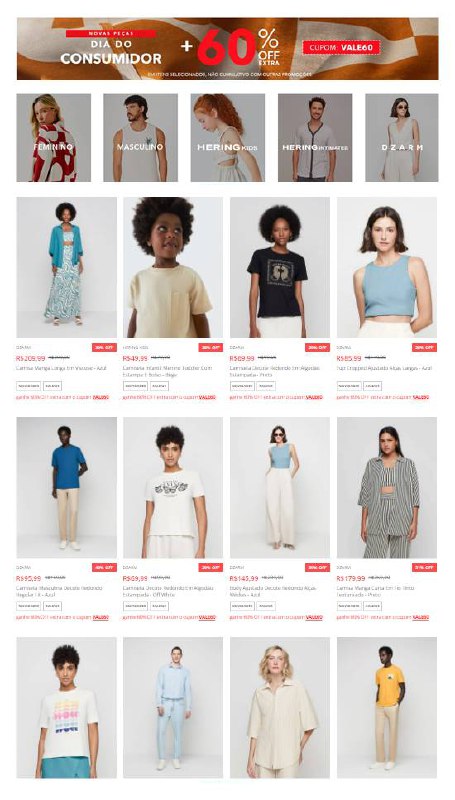 PEÇAS FEMININAS, MASCULINAS E INFANTIS COM 50% OFF + 60% OFF DO CUPOM!!!! #Hering