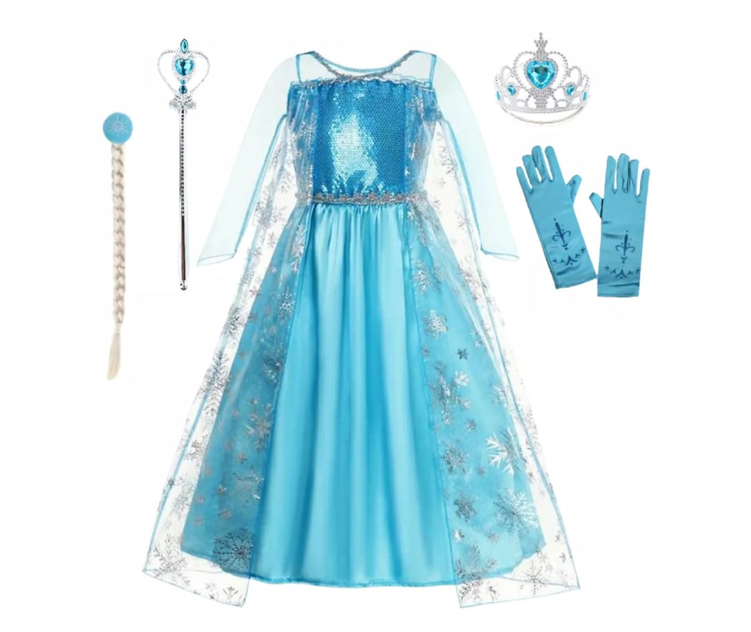Fantasia Vestido Infantil Elsa Frozen Com Capa e Acessórios (3 ao 8)