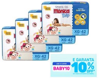 Fralda Descartável Turma da Mônica Tamanho XG - 4 Pacotes com 42 Fraldas - Total 168 Tiras
