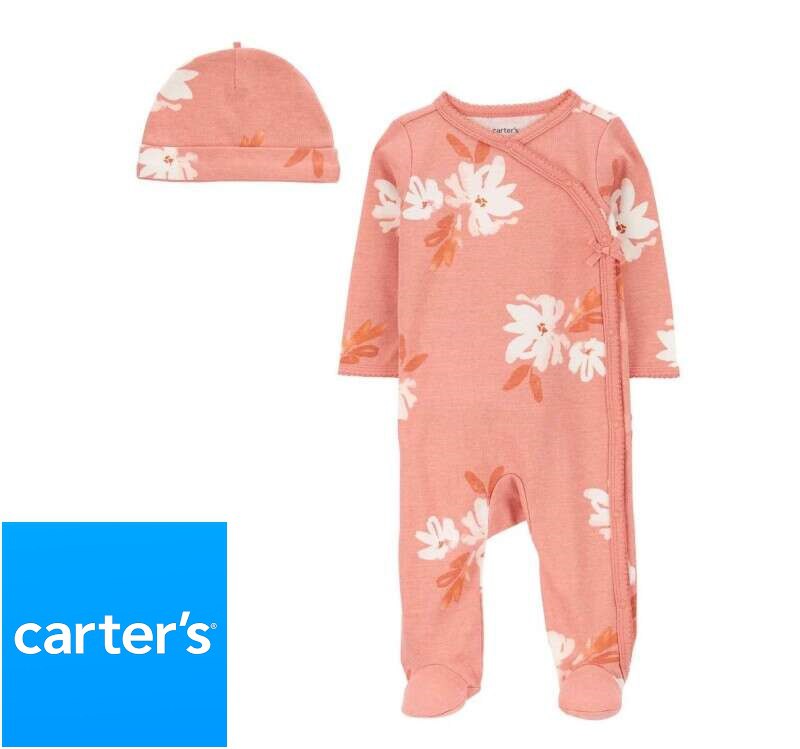 Macacão bebê floral com touca rosa | Carter's - Tam RN a 9m